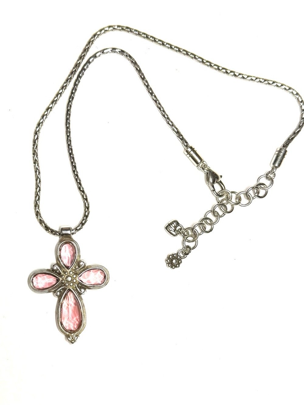 Rare Retired Brighton La Vie faceted pink crystal silver-plated cross pendant